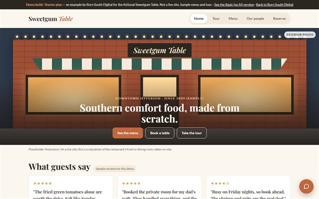 Example restaurant site for the made-up Sweetgum Table