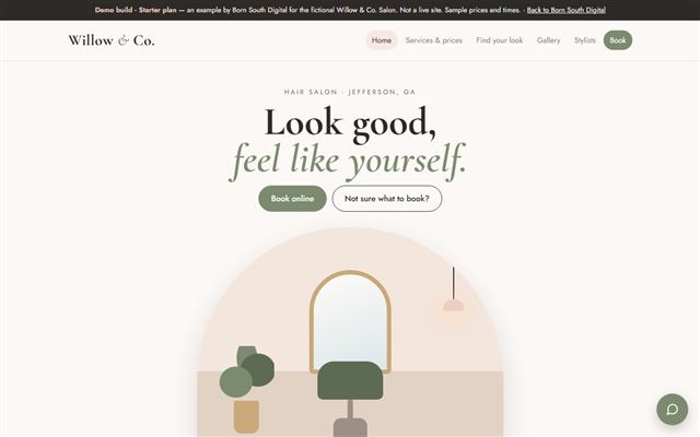 Example salon site for the made-up Willow and Co.
